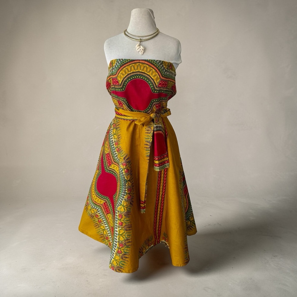 Ankara Java Block Print Dress Sz L Strapless  Dashiki Gold Red Handmade